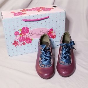 Poetic License Kiss and Tell turquoise maroon blue plaid lace up kitten heels 37